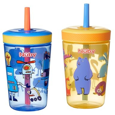 Nuby Sip It Swirler Cup - Toddler Beaker with 360° Straw | Spill-Proof | 420ml / 14oz | Suitable from 18 Months | Pack of 2 (Blue & Yellow)