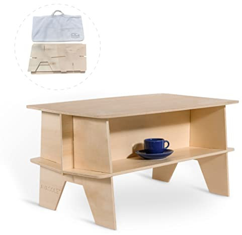 Petite table de camping portable avec espace de rangement des deux côtés | 100 % bois | Table de pique-nique pliable pour camping, caravane, terrasse, jardin d'enfants, piscine et plage