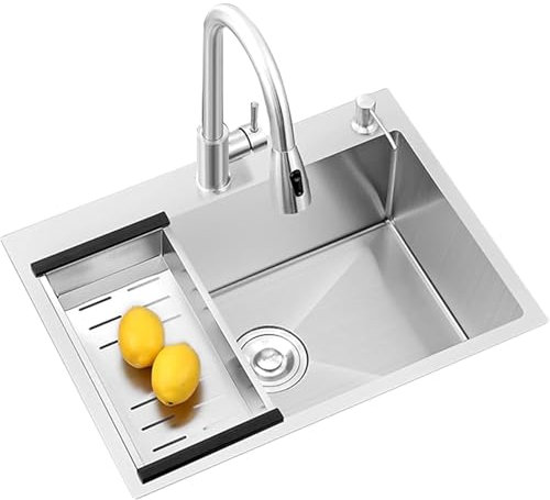 Fregadero Cocina 60x40cm,Fregadero Bajo Encimera o Sobre Encimera con Filtro de Drenaje, Acero Inoxidable,Fregaderos de restaurante multifuncionales con Grifo extraíble de agua fría y caliente