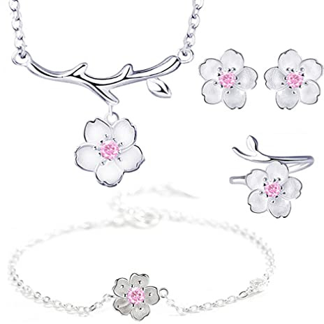 I Set di Gioielli Fiore di ciliegio Collana Floreale+Orecchini+Anello+Braccialetto per Donne