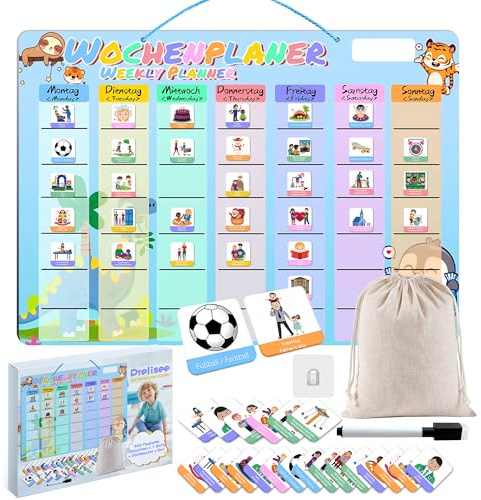Prelisee Wochenplaner Kinder Tagesplaner Kinder Routine Planer 42×30cm | Montessori Magnettafel mit 300 Magnete, 1 Stift Abwischbar & Kordel, Kann Als Essensplaner Woche,To Do Liste,Haushaltsplaner