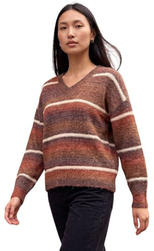 Roman Originals Stripe Fluffy Knit Jumper for Women UK - Ladies Everyday Autumn Winter V-Neckline Comfy Soft Evening Vacation Work Party Night Out