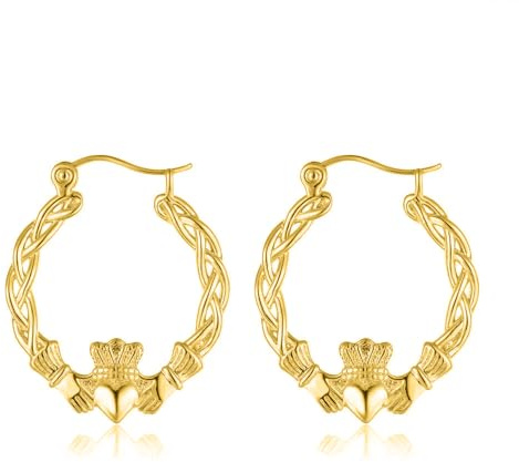Gold Plated Claddagh Hoop Earrings 40mm – Lightweight High Polish Irish Love Symbol – 3.9g Each – Statement Jewellery for Women