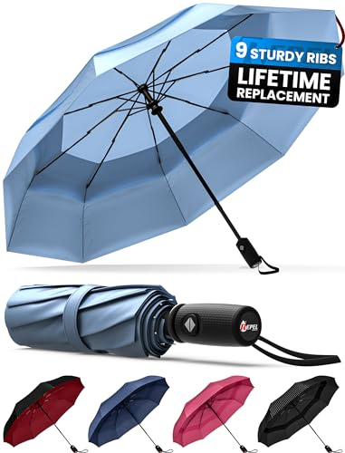 Repel Umbrella Paraguas Automático Plegable Antiviento – Paraguas de Viaje Resistente al Viento – Apertura y Cierre Automático, Compacto, Duradero - Estructura de Fibra de Vidrio Resistente