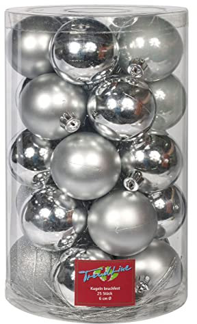 TrendLine Christbaumkugeln 25 Kugeln Ø 6 cm Glas Silber Weihnachtskugeln Deko