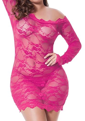 LINGERLOVE Sexy Spitze Negligee Grosse Grössen für Damen Babydoll Dessous Schulterloses Lingerie Nachtwäsche Spitzen-Kleid mit G-String S-4XL