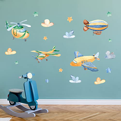 GRAZDesign Wandtattoo Flugzeug Kinderzimmer, Wandaufkleber Wolken für Jungen, Wanddeko Wandsticker Deko für Babyzimmer Baby Jungenzimmer Jungs, Aquarell / 57x80cm