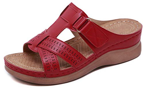 CELANDA Mules en Cuir pour Femme Sandales Mode Bout Ouvert Compensées Plateforme Pantoufles Premium Orthopédiques Sandales Vintage Chaussons de Plage d'été Rouge,Taille:42 EU