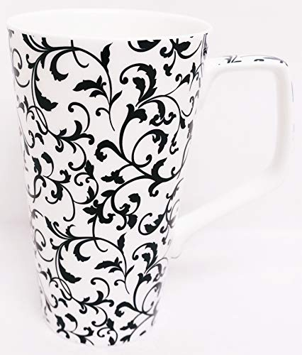 Juego de 2 tazas venecianas blancas de porcelana fina con remolino grande de 1 pinta para café y té, decoradas a mano