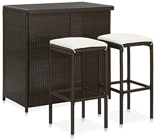 Tidyard Gartenbar 3-TLG. Poly Rattan Gartenmöbel Garten Theke Tresen Sitzgruppe Bartisch Barhocker mit Sitzpolster Braun und Cremeweiß