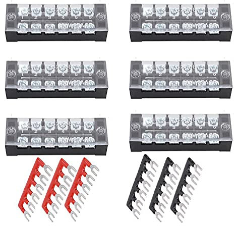 Ruidee Juego de 6 bloques de terminales de distribución eléctrica, bornes de tira de 600 V y 25 A, terminales de tornillo de doble fila + terminales preaislados de 400 V y 25 A barreras puente