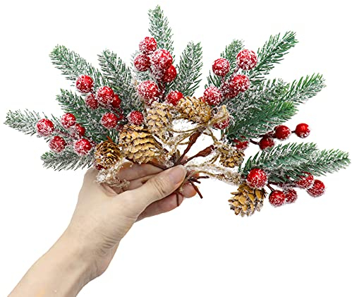 Branches de Baies de Pin Houx Pin 6 Pièces Branche de Noël avec des baies d'Arbres de Pin Tiges de Baies Branches de Pommes de Pin Artificielles pour Décoration Artisanat de Noël Accessoires Noël