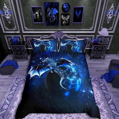 Homemissing Bettwäsche-Set Mit Galaxie-Drachen-Motiv - Weltraum, Sternenhimmel, Dschungeltiere für Jungen, Kinder, Teenager - Blau, Schwarz