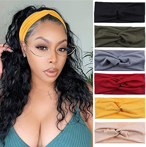 XTREND 6 Stück Damen-Stirnbänder mit gedrehtem Kreuz, elastisch, für Yoga, Workout, rutschfest, schweißfest, weich, einfarbig, einfach, vielseitig, Haar-Accessoire, Stirnbänder
