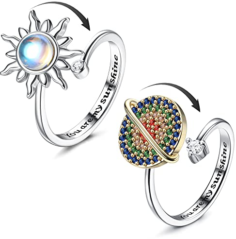 Adramata 2 Stück Silber Anxiety Ringe für Damen Sonnenblume Fidget Ring Achtsamkeitsring Angst Ring Mondstein Spinner Ringe Verstellbare Offene Anti Stress Ring für Damen