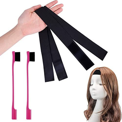 SAVITA 2pcs Elastic Bands for Wigs Edges, Black Elastic Band for Wigs Elastic Band for Lace Wig Elastic Wig Strap Lace Wig Grip Band with 2pcs Wig Edge Brush