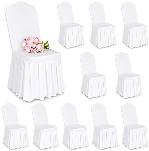 Showgeous 10 Stück Stuhlhussen Weiß Polyester Spandex Lycra Stretch Stuhlhussen mit Rock,Esszimmer Hochzeit Stuhlhussen Universelle Waschbare Stuhlhussen für Hochzeitsfeier Bankett Dekoration