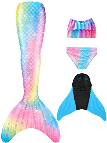 NAITOKE meerjungfrauenflosse mädchen Badeanzug - Meerjungfrau Flosse Bademode mit Bikini Set und Monoflosse Mermaid Tail, 4 Stück Set, XQSAJ,130
