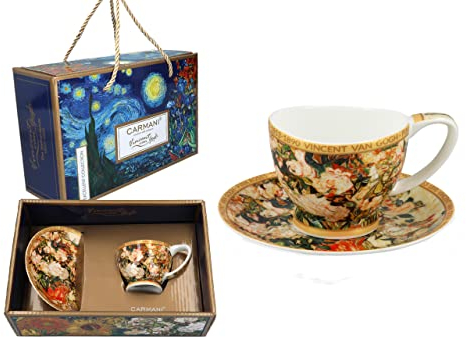 Carmani - Ceramic Espresso Cup and Saucer with Vincent Van Gogh, Vase with Roses 100ml
