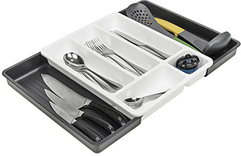 URBNLIVING Plastic Expandable Drawer Kitchen Extendable Organiser Cutlery Space Saving Compact Utensil Tray With 7 Holder Compartments (Black)