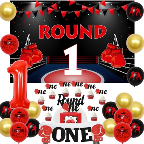 Boxen 1. Geburtstag Party Dekorationen, Runde 1 Backdrop - Runde ein Kuchen Topper & Hochstuhl Banner Champion Trophy Ballons für Boxen Match Sport Thema ein Jahr alt Geburtstag Party Supplies