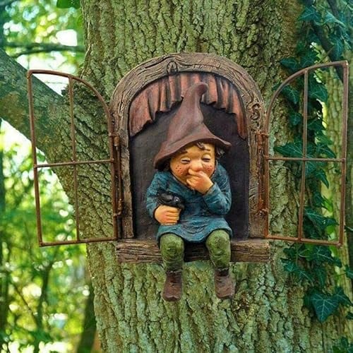 LSDZHK Elf Out The Door Tree Hugger Garden Statue, Gnome Resin Figure Hanging Tree Gnome Decoration Tree Faces Decor Outdoor for Patio Lawn Ornament (Women)