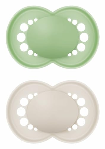 MAM Schnuller aus Naturkautschuk, ab 16 Monaten, mit symmetrischem Sauger, flach und flexibel, mit selbststerilisierender Box, neutral matt, 2 Stück