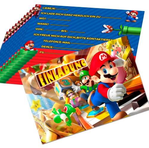 Zoriwn 12 x Einladungskarten Kindergeburtstag für Super Mario,Einladungskarten Geburtstag Deutsche,Einladungskarten Kindergeburtstag Mädchen Junge,Mit Super Mario Cartoon-Bilder