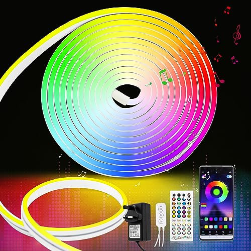 RGB LED Strip Lights 5M, Neon Light Strip Color Changing, Music Sync, Timer, Silicone DIY Flexible LED Rope Lights with Remote, App Control for Bedroom, Indoor, Outdoor, Party Decor(Include Adapter)