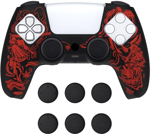 PlayVital Silikon Hülle für ps5, Dockable Schutzhülle Hülle Case Griffe Skin mit 6 Joystick-Kappen für ps5 Wireless Controller Passend zur Ladestation(Samurai Prajna-Rot)