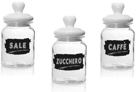 Utilissimi EDITACASA - Set Tris Barattoli Contenitori Sale, Zucchero Caffè, in vetro con tappo in ceramica, stile Elegant Shabby Chic - capienza 1000 ml - misure 11x21cm