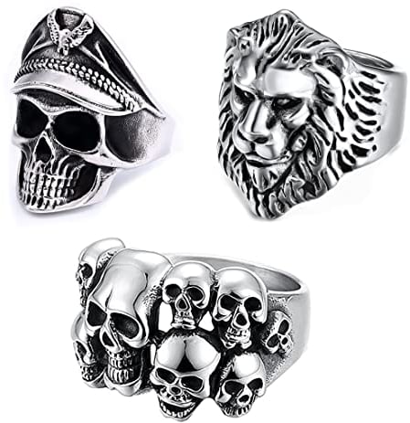 BCBF 3 Pezzi Anelli Uomo, Anello Teschio in Acciaio Inossidabile, Motociclista, Argento Nero, Stile Retrò, Punk Rock