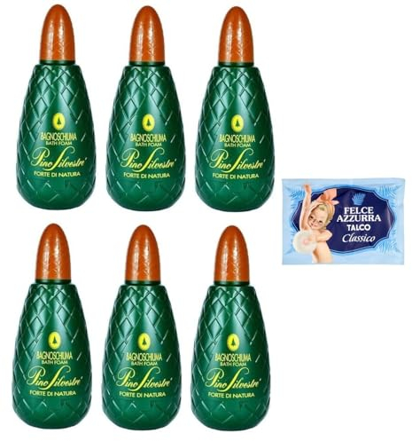 6er-Pack Pino Silvestre Bath Foam Forte di Natura Bagnoschiuma,Duschgel Intensiver Waldduft 1000ml + 1er-Pack Kostenlos FELCE AZZURRA Talkumpuder, 100g-Beutel