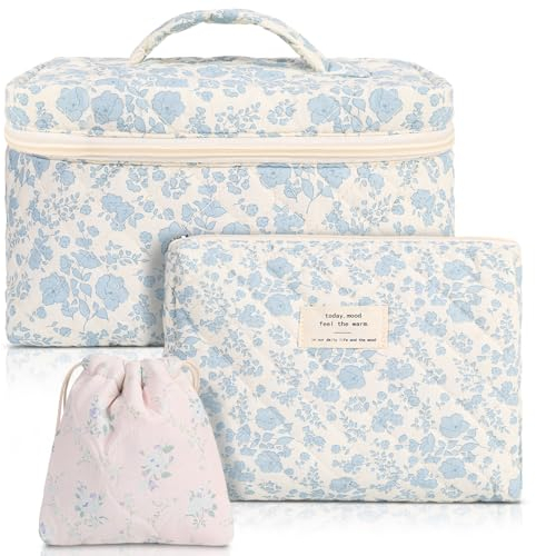 Halinuia 3 Stück Reise Kosmetiktasche Damen Set, Gesteppte Kulturtasche mit Kosmetiktasche Groß Tragbare Kapazität, Make up Tasche Aesthetic Blumen Makeup Tasche für Frauen Mädchen Kinder