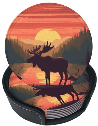 Famame 6 Stück Berg-Sonnenuntergang Elch Hirsch Leder Untersetzer für Getränke mit Halter Untersetzer Sets Getränketisch Tasse Untersetzer für Wohnzimmer Küche Kaffee Dekor
