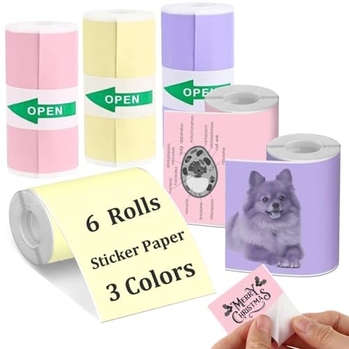 Mini Printer Paper roll (Colorful Stickers) 6 Rollen Buntes Thermodruckerpapier, Schwarze Zeichen Auf Gelbem/lila/rosa Farbigem Druckerpapier, Selbstklebendes Thermopapier, 56 Mm X 3,5 M