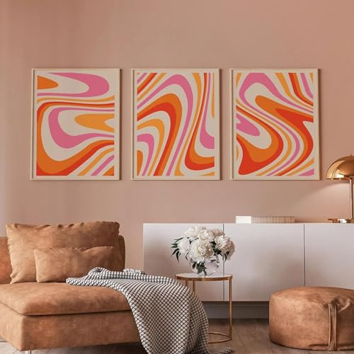 KemneT Nordique Vintage affiche abstrait orange rétro ondulé Toile tableau peinture moderne minimalisme Murale art Tableaux salon Decoration à la maison 50x70 cm x 3 sans cadre