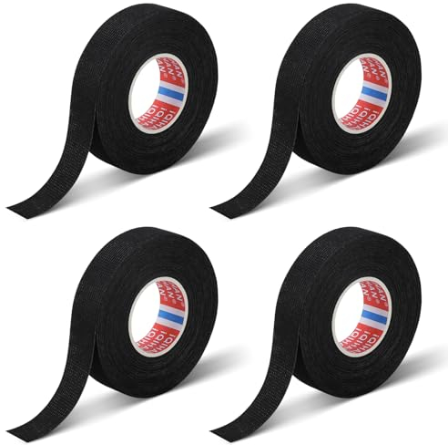 sitarcmin 4 Stück Gewebeband Schwarz 19 mm x 15m PET-Vlies Stoffklebeband Auto für Kabelbäume, Hitzebeständiges Klebeband Baumwolle Textilklebeband
