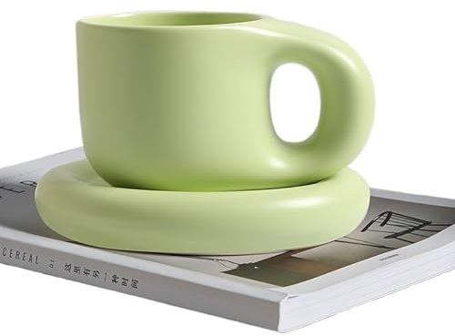 Coffee Gifts Cute Ceramic Mug Fat Cup Couple Coffee Cup Saucer Quirky Water Cup Thick Handle Ceramic Milk Cup Small Holiday Gift Mug (Size : 400ml, Color : Green Set)