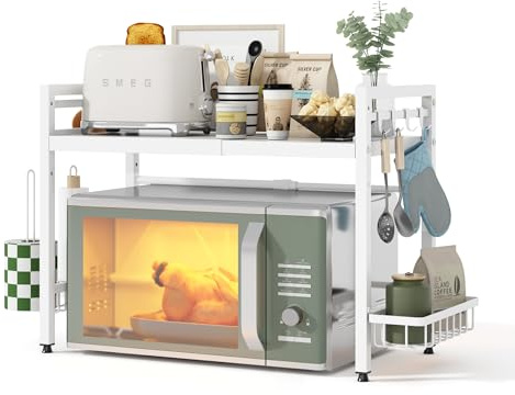 NETEL Erweiterbares Mikrowellen Regal,küchenregal arbeitsplatte stehend | Regal küchen organizer für Backofen,kaffeemaschine&aufbewahrung,Robuster Kohlenstoffstahl,8 Haken,1 Körbchen,2 stufig,Weiß