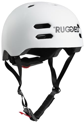 Rugged Leichter Inmold Helm I Grössenverstellbar I Magnetverschluss I belüftet für Stunt-Scooter I Skateboard I Inlineskates I Fahrrad I BMX I Dirt I E-Scooter (Weiß, M = (55-58cm)