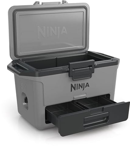 Ninja FrostVault Hard Cooler 47L, Premium Insulated Cool Box, Holds Ice Up to 6 Days, Built-in Dry Storage Drawer with Fridge Temperature, Fits 80 Cans, Slate Grey FB151EUGY