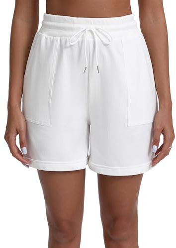 Shorts de Sport Femme Coton Pantalon Court Écontracté avec Poches Taille Haute Respirant Doux Short avec Cordon Élastique Bermuda pour Yoga Fitness Jogging Vacance Blanc XXL