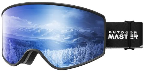 OutdoorMaster Pulse Ski Goggles, Frameless OTG Cylindrical Snow Goggles with Lock & Fit Lens Change System for Men, Women & Youth, Revo Blue Vlt 16%