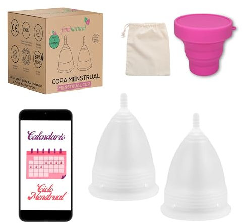 Feminatural Confezione da 2 coppe mestruali + sterilizzatore coppetta mestruale + sacchetto di cotone. Coppa Mestruale in Silicone Medico Ipoallergenico, Coppa Mestruale Alternativa a tamponi e