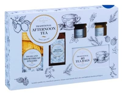 Afternoon Tea Hamper - Christmas Tea Gift Set For Men Women With Brandy Fruit Cake - Jam Preserve - 40 Tea Bags and Shortbread Biscuit - Couples Hamper