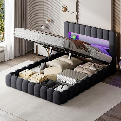LONELYO Doppelbett, Bettgestell, 180 x 200 cm, Bett mit LED-Beleuchtung, klappbarer Lattenrost zur Aufbewahrung, hohes Kopfteil, moderner Stil, grauer Stoff, ohne Matratze