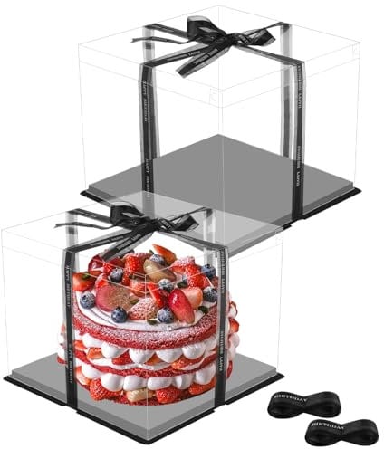 2 Stück Geschenkbox Durchsichtig Tortenschachtel Tortenbox 30*30*25cm Tortenkarton Transparent Torten Kuchen Transportbox Geschenkbox Durchsichtig mit Sockel und Band für Geburtstag Dessert-Schwarz