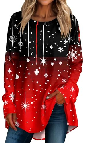 Pullover Weihnachten Damen Langarmshirt Christmas Festival Outfit | Weihnachtsfeier Longsleeve Shirt Übergrößen Schneeflocke Rentier Weihnachtsbluse Geschenke Weihnachten