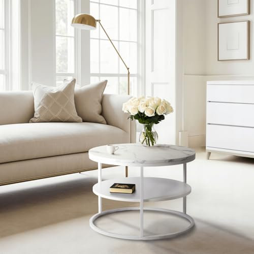 MEBEL ELITE Couchtisch Rund 70 x 49,5 cm – Modern Wohnzimmertisch Marmoroptik/Weiß mit Stauraum – Sofatisch Rund für Wohnzimmer und Büro – Runder Tisch mit pflegeleichter Oberfläche